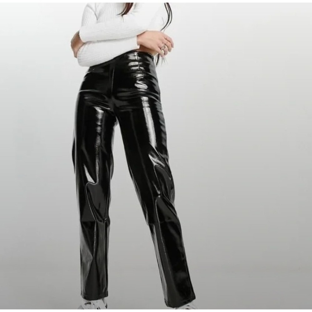 Black High Waisted Vinyl Straight Leg Pants Faux Leather Patent Shine Trousers